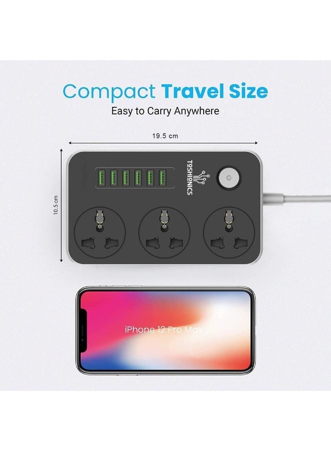 3 Way Power Strips Extension Cords | Adapter Extension 6 USB Charging Ports | 3 Universal Plugs Power Strip With 2 Metres Surge Protection Cable Extension Black/Grey 150x97x30mm - Image 3